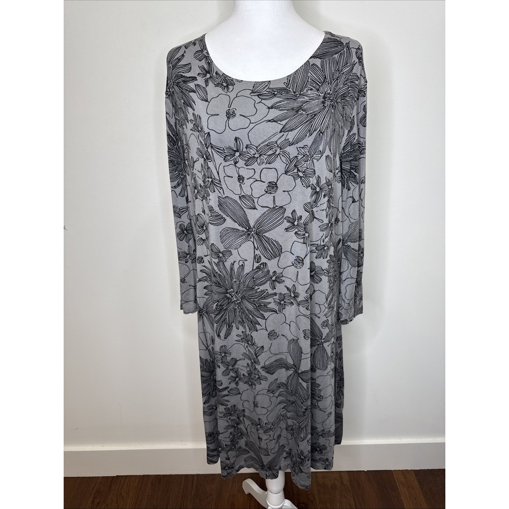 Bryn Walker Floral Viscose Dress XL Gray Stretch Round Neck 3/4 Sleeve Artsy Lux - Picture 2 of 7